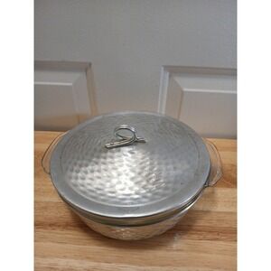 Vintage Fire King Glass Dish Hammered Aluminum Container With Lid 1.5 Quart
